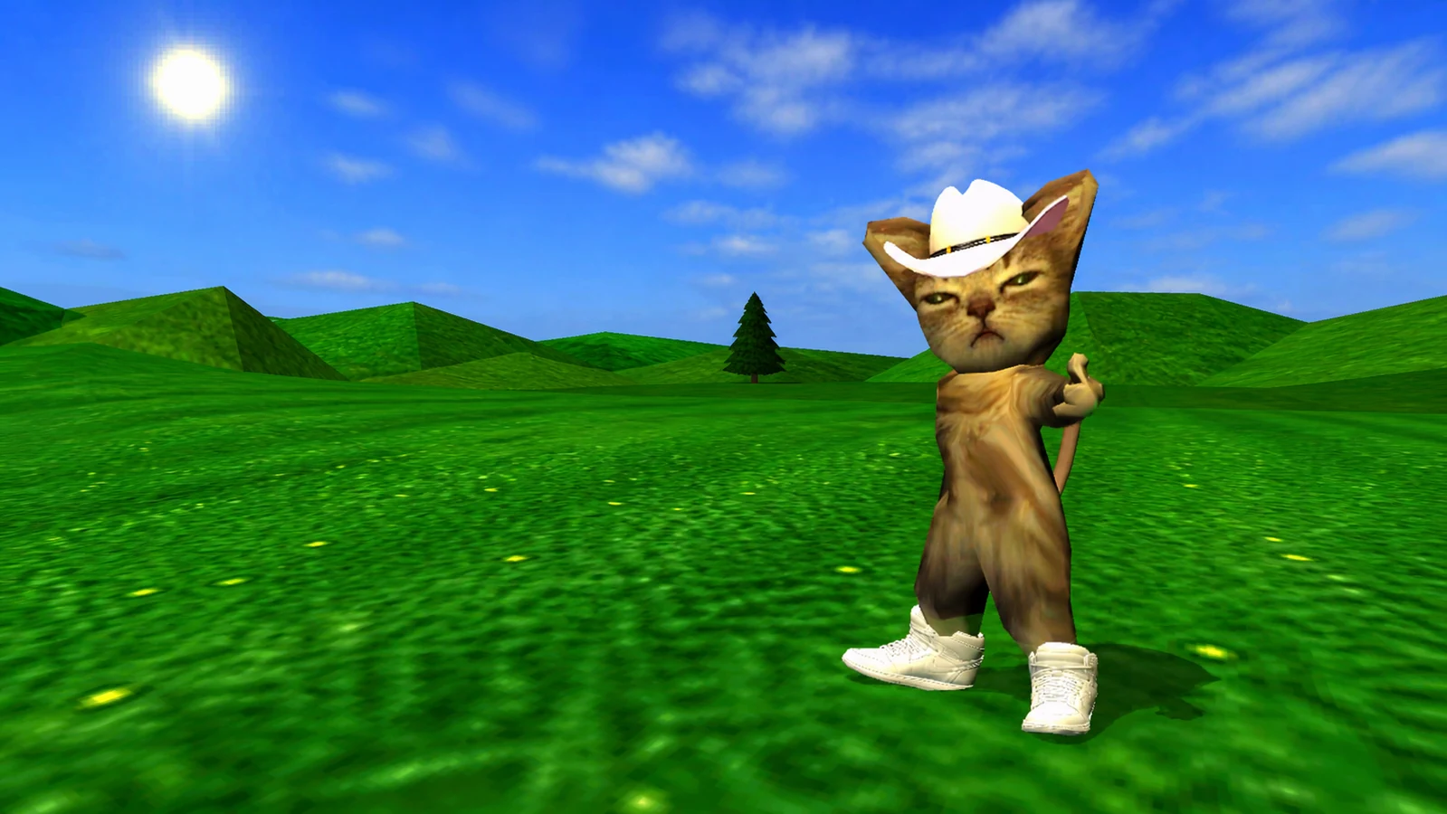 Gato Donato pointing in an endless low-poly green field